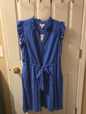 Blue Ruffle Sleeve Tie-Waist Dress Size Large Women's
